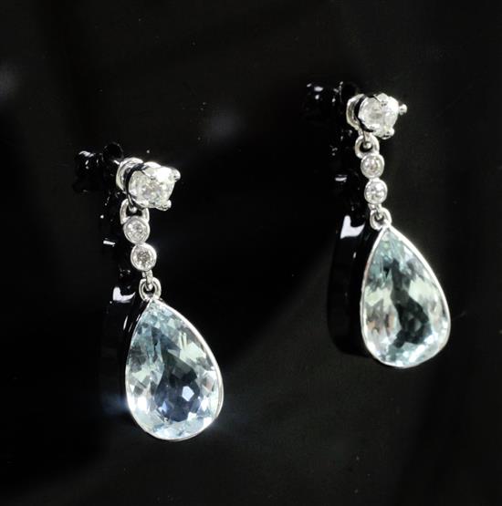 A pair of white gold, aquamarine and diamond drop earrings, 20mm.